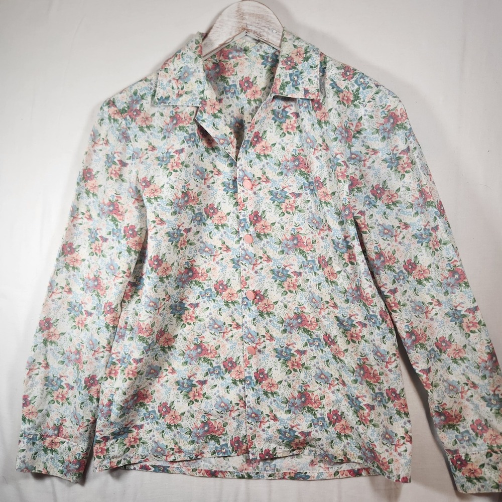 50s Vintage Handmade Floral Button Down Shirt Long Sleeve Pink Blue Blouse